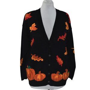 Vintage Picone Sport Black Cardigan Sweater Pumpkin Fall Leaves L 100% Cotton
